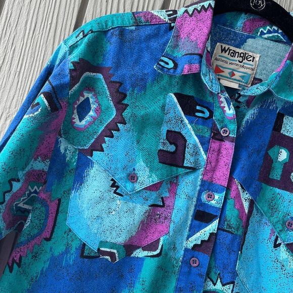 Vintage 80s/90s Wrangler Aztec Button-Up Shirt M Southwestern Cowgirl - Picture 5 of 9